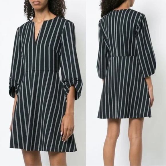 Tibi Dresses & Skirts - TIBI Felix Split Neck Gathered Blouson Sleeve Pinstripe Dress Size 2 Navy White